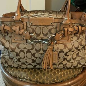 Coach Tan and Brown Signature Shoulder Bag